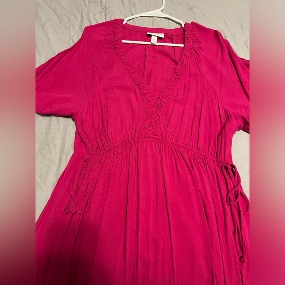 Isabel By Ingrid Hot Pink Cinch Waist V-Neck Rayon Maxi Dress Maternity - Picture 3 of 9